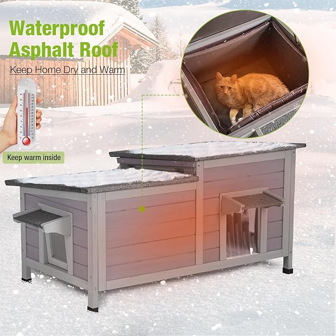 Cat House Outdoor Feral Kitty Shelter with Insulated Liner Weatherproof Roof Cat Home for Winter,Roomly
