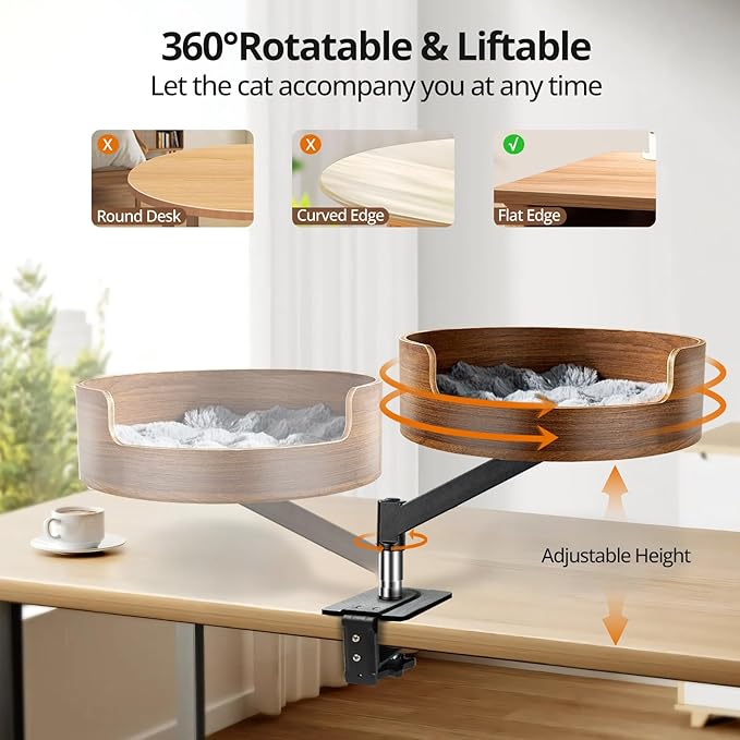 Cat Desk Bed Wood,Desk Cat Bed with 26lbs Strong Load-Bearing,Cats Bed for Desk 360° Adjustable Elevated & Thick Metal Stand,Stable and Safe,Suits Home Office and Gamer Closer to Cats-Walnut Finish