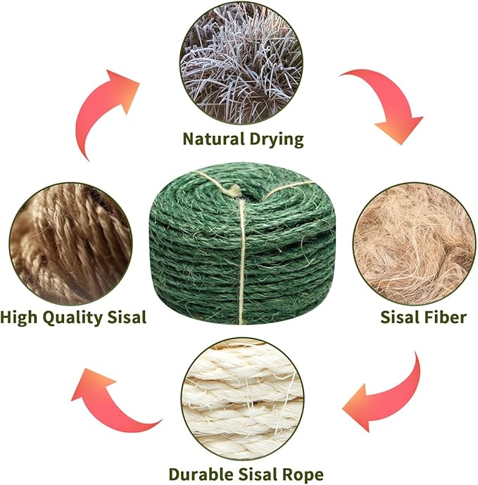 Green Sisal Rope 1/4 Inch by 98-Feet for Cat Scratching Post Tree Tower Replacement Repair and Replace, DIY Hemp Twine Rope for Kittens Shelves Furniture Window Bed Perch House Climbing, 6mm by 30m