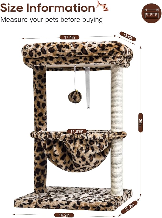 SYANDLVY Small Cat Tree for Indoor Cats, Unique Leopard Print Cat Tree Tower for Kitties, Condo Furniture with Hammock & Sisal Scratching Posts
