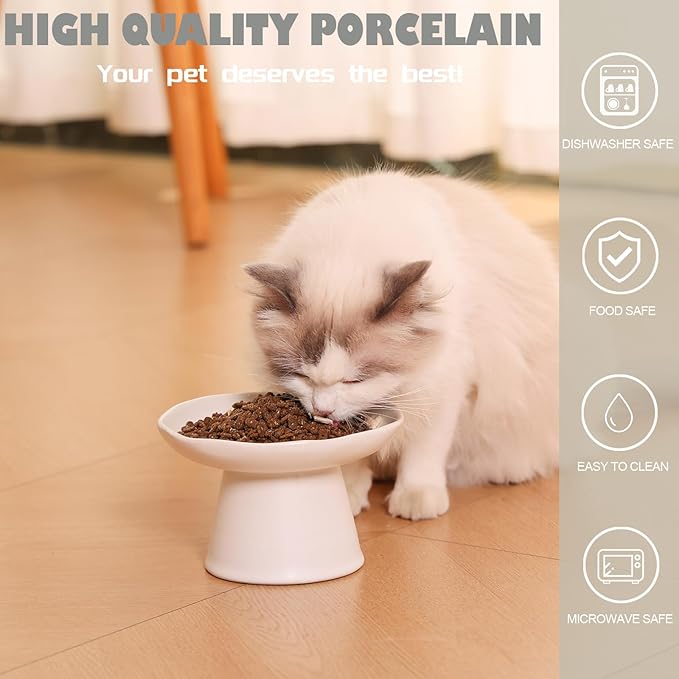 Extra Wide 6.1" Raised Cat Food Bowl, Shallow Ceramic Elevated Cat Feeder, Anti Vomiting, Stress Free, Whisker Fatigue, Pet Food or Water Bowl, White