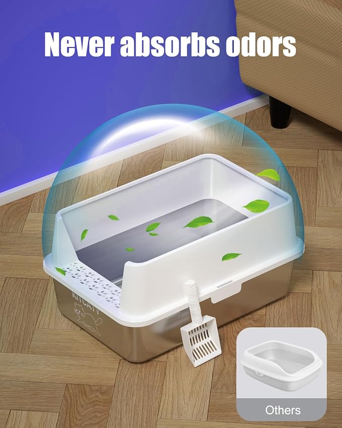 2PACK Stainless Steel Litter Box, Metal Litter Boxes with Lid High Sides, XL Extra Large Litter Box for Big Cats, Never Absorbs Odors, Leak-Proof, Stain-Free, Easy to Clean, Scoop Included（White）
