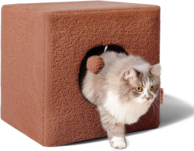 Cat House for Indoor Cats, Fluffy Large Cube Cat Cave Bed, Perfect Hideaway for Multiple Cats & Small Pets, Detachable Sherpa Cover 16 Inches