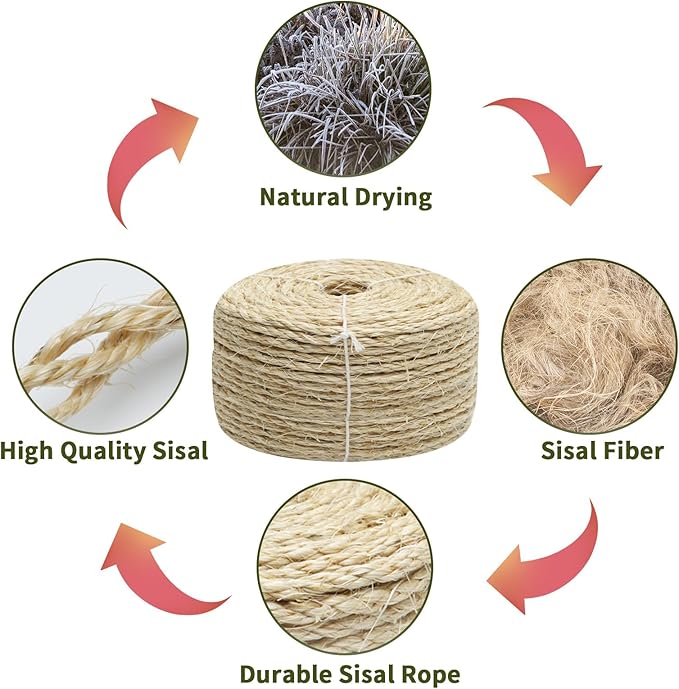 4mm Natural Sisal Rope, 164-Feet, for Cat Scratcher Repair and DIY Cat Tree, Replacement for Cat Scratcher, Make New Cat Toy, Wide Application, Length Choices