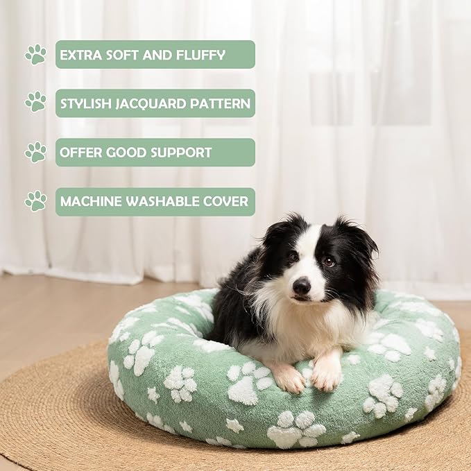 Donut Dog Beds for Small Dogs, Calming Round Cat Beds for Indoor Cats, Cute 3D Textured Paw Pet Bed with Removable Washable Cover and Anti-Slip Bottom（Green，23"）