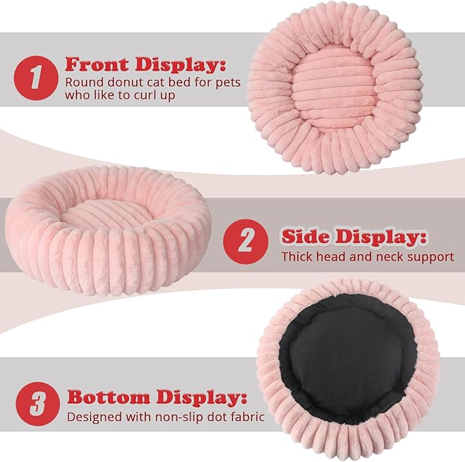 Cute Cat Beds for Indoor Cats - Cuddler Dog Beds for Small Dogs Washable with Anti Slip Bottom,Soft Cozy Comfort Donut Cushion for Puppy and Kitten,Blush Pink,19x19x5 inches