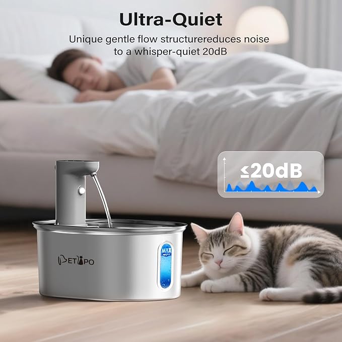 Wireless Cat Water Fountain Stainless Steel, 108oz/3.2L Cat Fountain Battery Operated, Automatic Cordless Water Fountains for Cats Indoor with Auto Shut Off Pump, Pet Water Dispenser for Cats Dogs