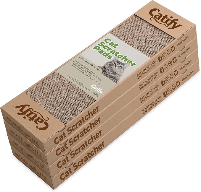 Best Pet Supplies Corrugated Cardboard Cat Scratcher Pads, Lounger, and Fun Interactive Scratching Boards, Claw Safe, Durable, Natural Recycled Materials, Supports Active Play - Narrow 4 Pack