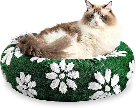 Donut Dog Beds for Small Dogs, Calming Round Cat Beds for Indoor Cats, Cute 3D Textured Flower Pet Bed with Removable Washable Cover and Anti-Slip Bottom（Green，20"）