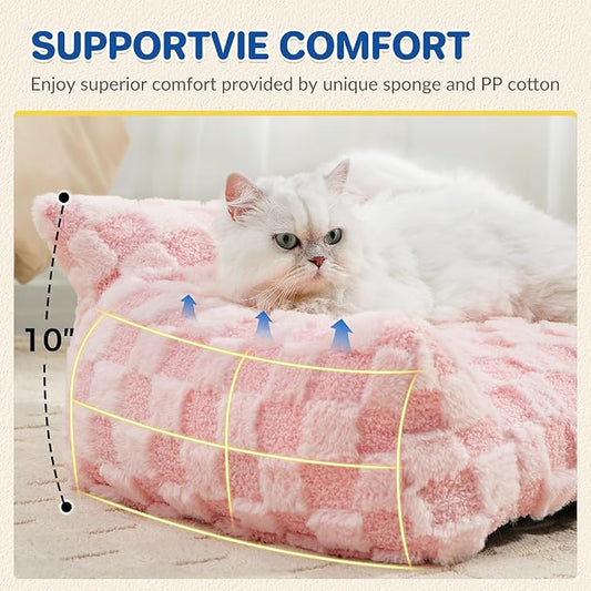 Cat Bed Cat Couch for Puppy and Kitten, Fluffy Dog Bed Medium Dogs Couch, Supportive Cats Sofa for Indoor Cats, Washable Cover & Non-Slip, 32 inch, Pink