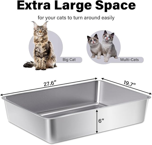 XXXL Stainless Steel Cat Litter Box -Extra Large 28"x20"x6" Metal Litter Box High Sides for Big Cats&Multiple Cats, Cat Litters Boxes Easy to Clean, No Odor, Anti-Urine Leakage