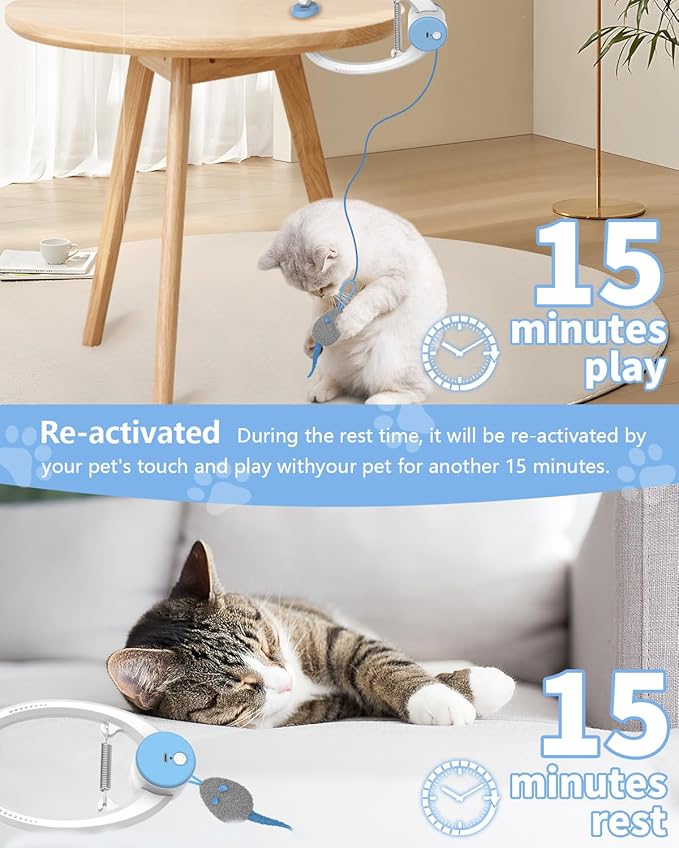 Cat Toy Interactive for Indoor Cats, Smart USB Rechargeable Door Hanging Automatic Retractable Kitten Toys, Teaser Electronic Self Play Feather Cat String Toy Attached with 3 Catnip Mice White