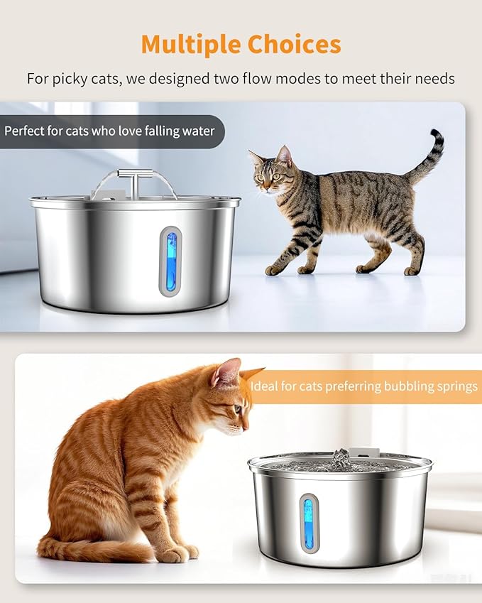 Cat Water Fountain Stainless Steel, 0.8gal/108oz Pet Water Fountain, 3 Replacement Filters, Automatic Cat Fountain with Quiet Pump Suitable for Cats, Dogs and Multi-pet households (Window)