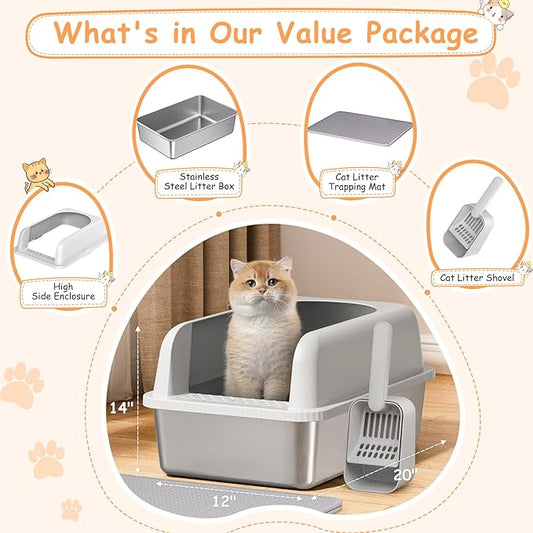 2 Pack Stainless Steel Litter Box witn High Sides, Extra Large cat Litter Box with Lid, Metal Litter Boxes for Multiple Cats, Anti-Leakage,Non-Stick, Easy to Clean, Included Cat Litter Mat, Scoop