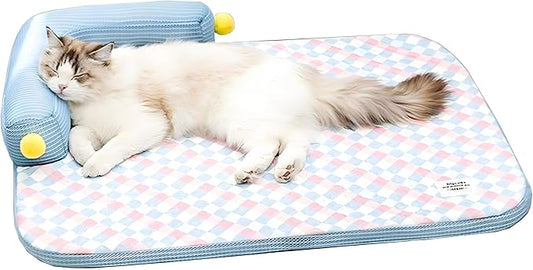 Summer Cooling Cat Bed-Cooling Cat Mat with 4.33inch Pillow for Kittens & Cats, Machine-Washable Cushion Calming Bed for Persian, Siamese, Small Pets(Blue, Large-25"x19"x4")