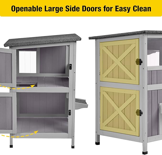 Aivituvin 2-Story Outdoor/Indoor Cat House - Solid Wood Kitty Condo with Escape Door, Removable Floors, Weatherproof Asphalt Roof & Sun Balcony