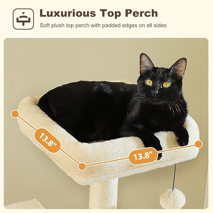 Cat Tree for Indoor Cats, Multi-Level Cat Tower with Sisal Scratching Posts, Padded Platform, Multi-Level Cat Condo w/Soft Bed & Scratching Pad, 2 Pompoms, Sturdy Base, Beige