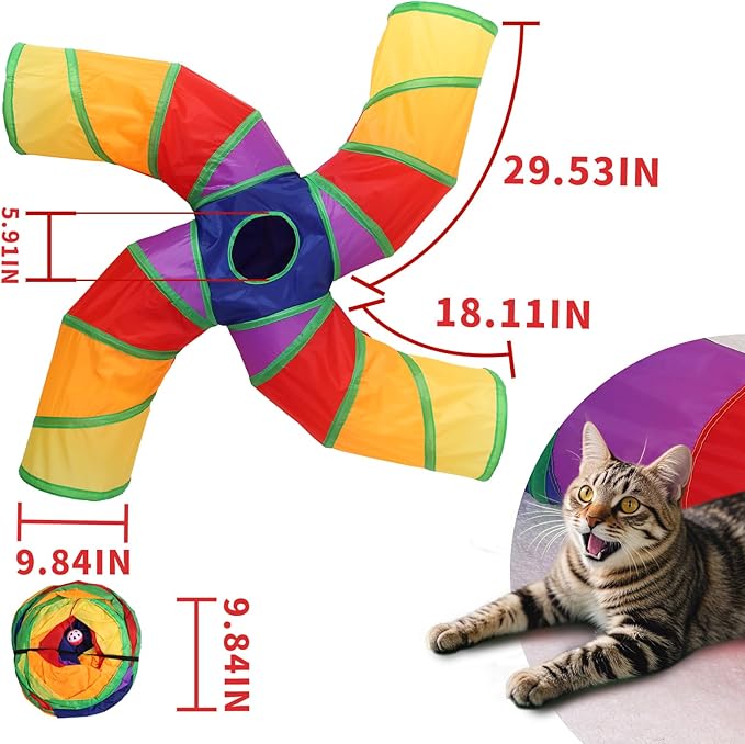 ‌Coolcandy Cat Tunnel & Interactive Cat Toy Indoor, Curved 4 Way Tunnel Toys for Indoor Cats, Collapsible Interactive Peekaboo Cave with Play Ball, for Multi-Way Play & Small Animals