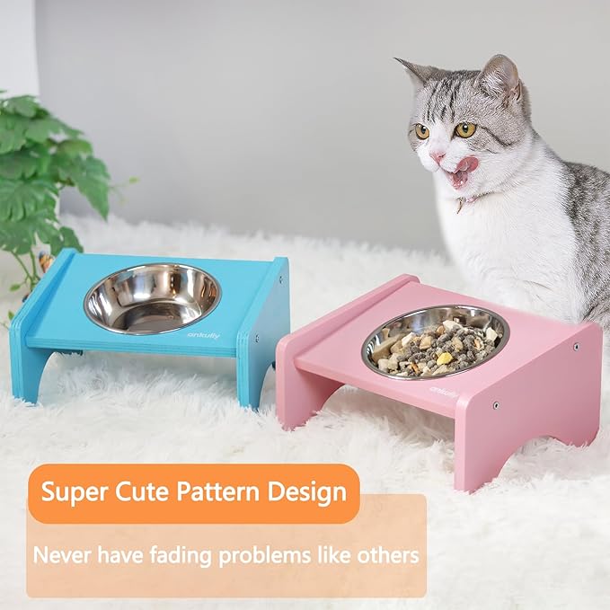 Elevated Cat Bowls,2 Stainless Steel Pet Food Water Feeder,15°Tilted Raised Pet Dish, Slanted Dog Bowl with Wood Stand for Kitty and Puppy,Wide 5.51" (Pink)