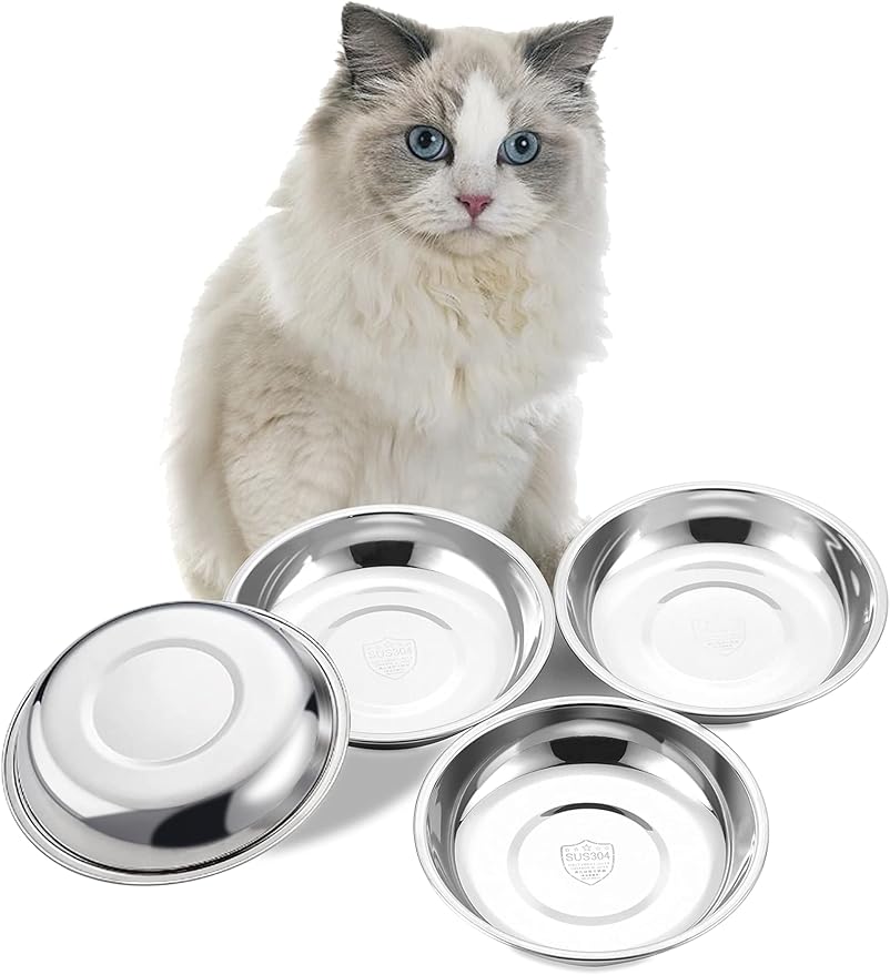 VENTION Big Shallow Cat Food Bowls, Outer Dia. 9.8 in Whisker Fatigue Cat Bowl, Stainless Steel Cat Food Dish for Indoor Cats, Set of 4 Replacement Cat Bowls for Raised Station(49 Fl.oz)