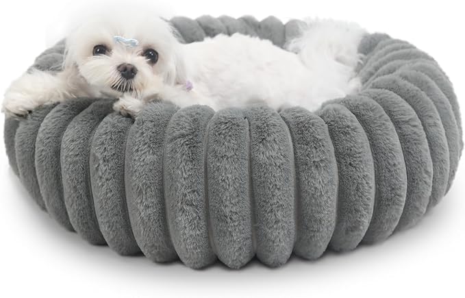 Donut Dog Bed for Small Dogs & Cats - Comfort Anti-Anxiety Calming, Washable & Anti-Slip, Cozy Soft Round Pet Beds for Puppy & Kitty, 19x19 Inch, Warm Grey