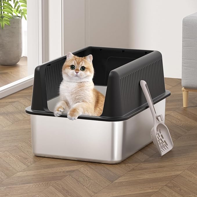 Stainless Steel Cat Litter Box with Lid,XL,19.7” L x 13.8” W x 11.8”H Deep,Large Metal Litter Box with High Side,for Small and Large Cats,Anti-Leakage Non-Sticky Easy Cleaning Include Litter Scoop