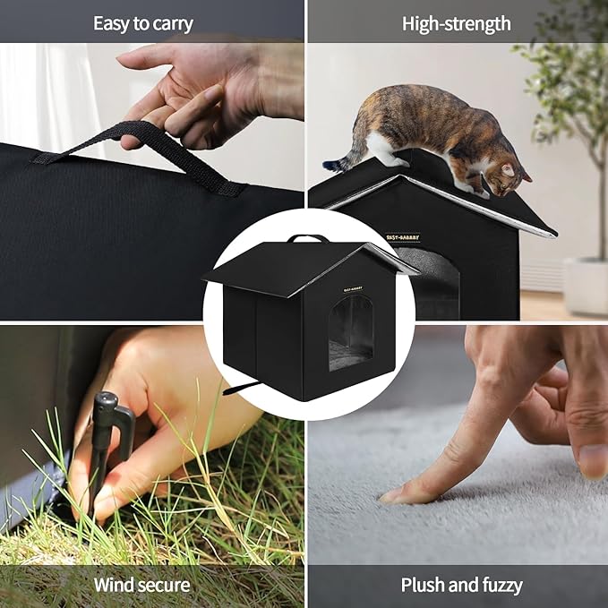 Rest-Eazzzy Cat House for Indoor and Outdoor in Summer,Feral Cat House Insulated with Mat,Clip and portable handle,Weatherproof and easy Installation,Bed for Kitten and Puppie,Never Blow Away(Black,S)