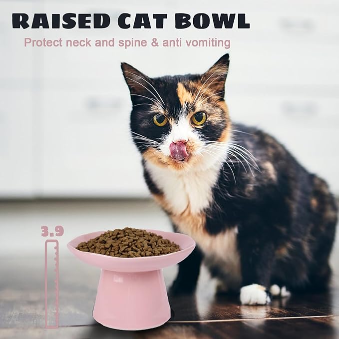 Extra Wide 6.1" Raised Cat Food Bowl, Shallow Ceramic Elevated Cat Feeder, Anti Vomiting, Stress Free, Whisker Fatigue, Pet Food or Water Bowl, Pink