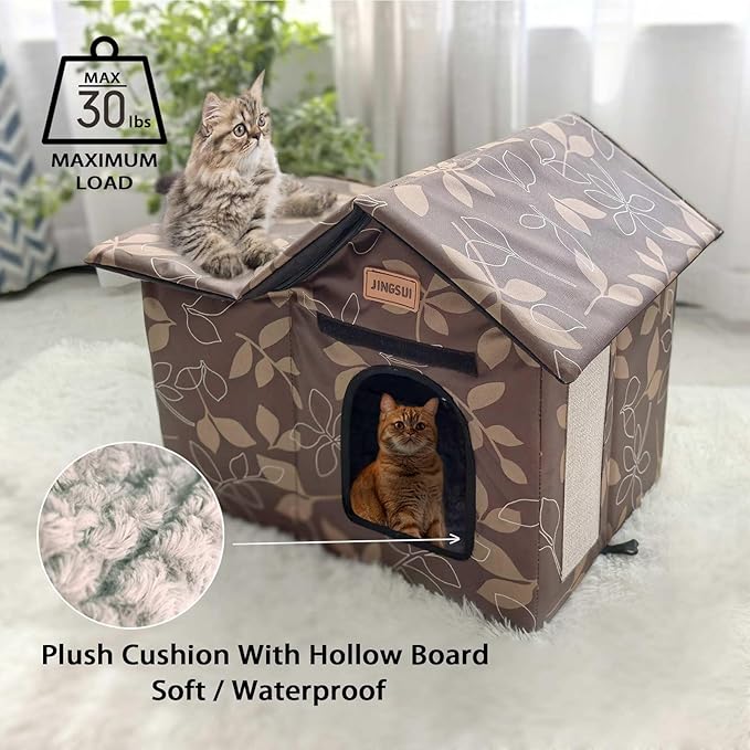 Indoor and Outdoor Cat House - Large Cat Hole, Insulated and Weatherproof Resistant Outdoor Wildcat House ，Foldable Cat Hideaway，19.5x17.5x13.5 inches, Brown