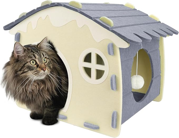 Babepets Cat House for Indoor Cats, Medium Felt Bed Cave with Ball Hanging, Foldable Detachable Cats Condo, Scratch Resistant Hideaway for Multiple Pets up to 20Lbs, House Type Cat Playhouse, Grey