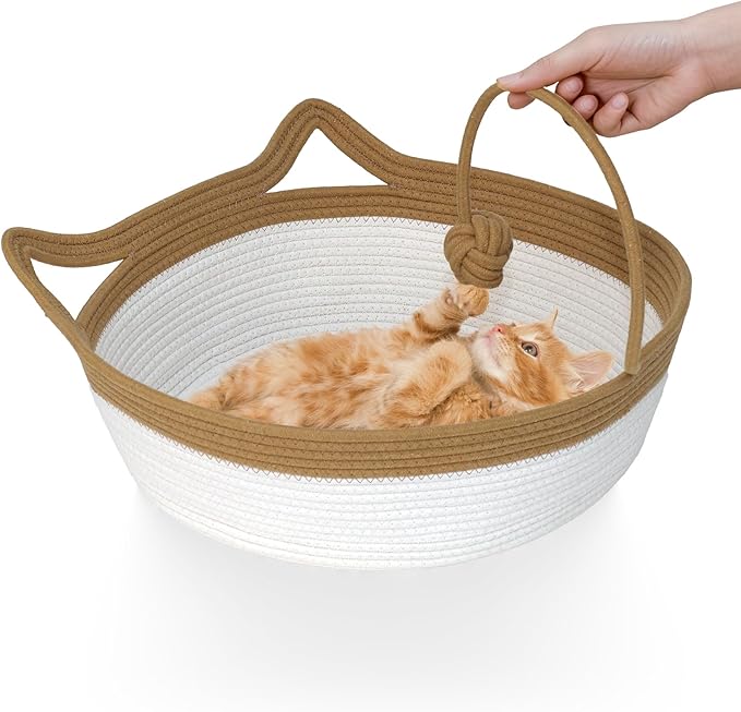 Cotton Rope Woven Cat Bed, Pet Sleeping Bed with a Playing Rope Ball, Foldable Sleeping Basket for Cats, Puppies, Rabbits and Small Pets (Large, Brown & Beige)