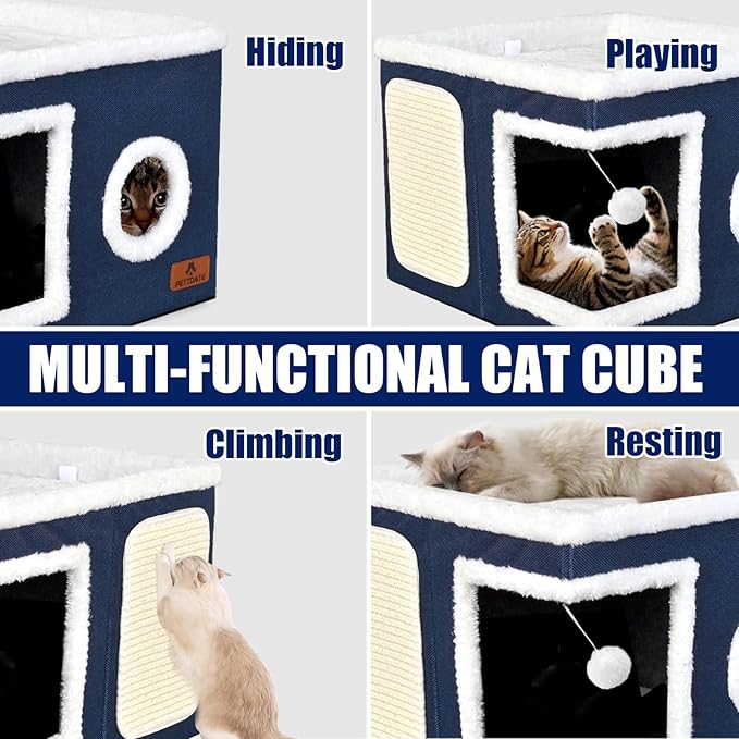 Cat Beds for Indoor Cats, Large Cat Cave Bed with Scratch Pad and Fluffy Ball, Foldable Cat Hideaway, Cat House with Reversible Cushion for Multi Small Pet Up to 30LBS, Blue