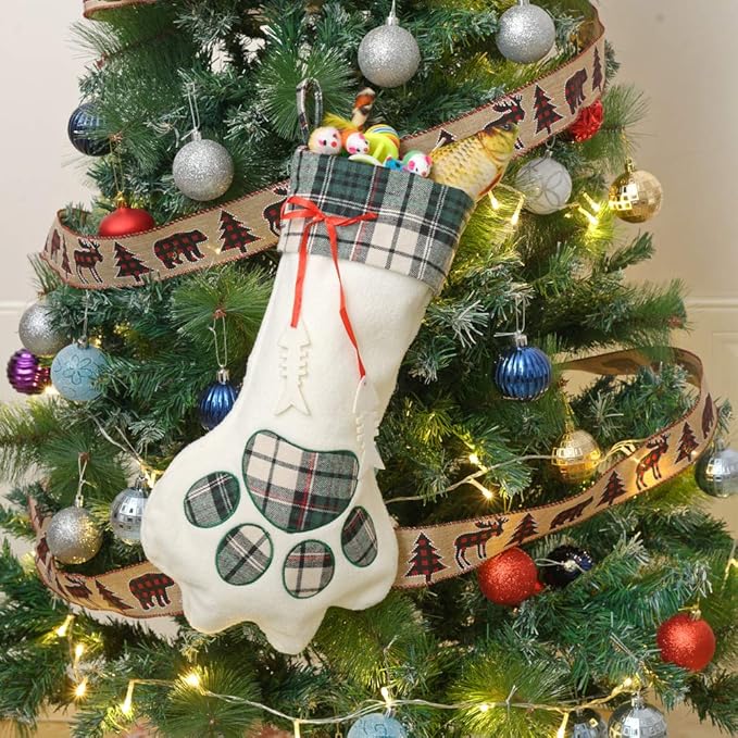 QBSM Cat Christmas Plaid Pet Paw Stockings with 26 Pcs Cat Toys for Cats and Kitten