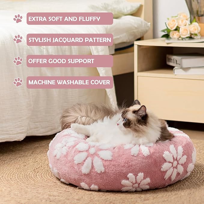 Donut Dog Beds for Small Dogs, Calming Round Cat Beds for Indoor Cats, Cute 3D Textured Flower Pet Bed with Removable Washable Cover and Anti-Slip Bottom（Pink，23"）