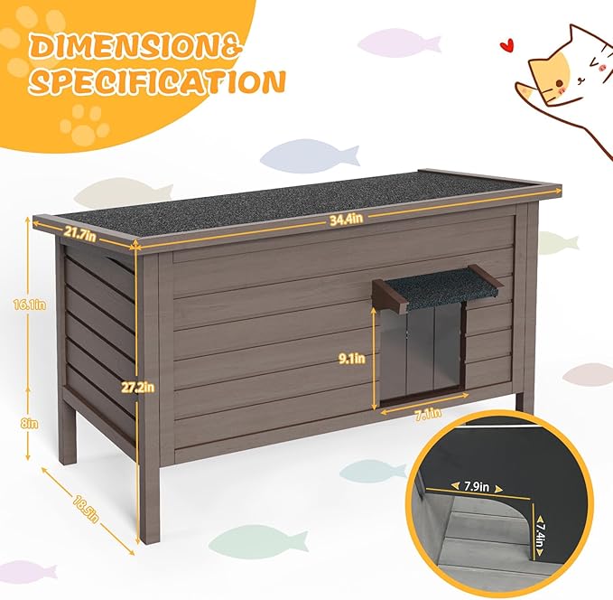 rehitk Outdoor Cat House for Winter Feral Cat House Waterproof All-Round Foam Insulated and Thermostatic Large Outdoor Cat Shelter, Solid Wood Cat Condos for Multiple Cats 34.4 "L * 21.7" W * 27.2" H
