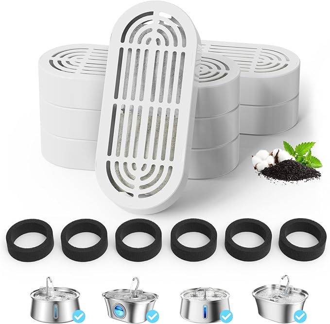 6 Packs Cat Water Fountain Filter for 3.2L/108oz Cat Drinking Fountain and 4L/134oz Stainless Steel Pet Water Fountain(6 Filters & 6 Pre-Filter Sponges)