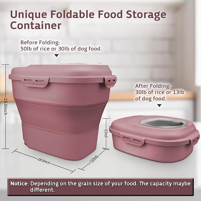 Rice Storage Bin Cereal Containers, 13-50lb Collapsible Rice Container Dispenser with Transparent Lid, Rolling Wheels, Measuring Cup and Scoop, Airtight Dog Cat Pet Food Storage Container Pink