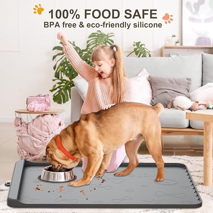 Dog Food Mat - Silicone Dog Mat for Food and Water - 28" x 20" Pet Feeding Mats with Residue Collection Pocket - Waterproof Dog Cat Bowl Mat with High Edges to Prevent Water Food Spills (Gray)