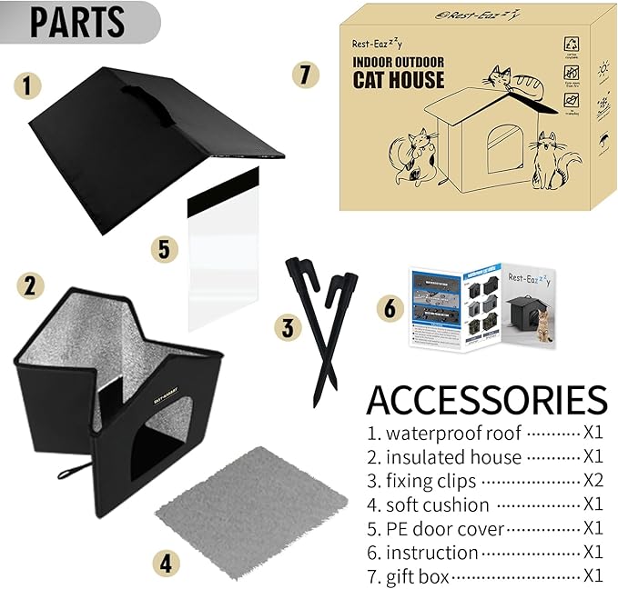 Rest-Eazzzy Cat House for Indoor and Outdoor in Summer,Feral Cat House Insulated with Mat,Clip and portable handle,Weatherproof and easy Installation,Bed for Kitten and Puppie,Never Blow Away(Black,S)