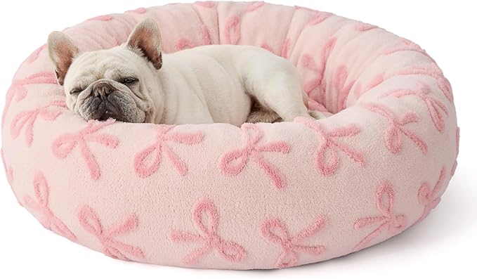 LE SURE Donut Medium Dog Bed - Round Cat Beds for Indoor Cats Calming Pet Beds, Cute Modern Beds with Jacquard Shaggy Plush & Anti Slip Bottom, 30 Inch, Pink Taffy