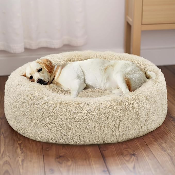 Athena Collection Washable Dog Bed Large Size Dog, Cat Bed for Indoor Cats, 36 Inches Fluffy Faux Fur Round Pet Bed Calming Cozy Soft Warming Donut for Large Size Pet, Beige