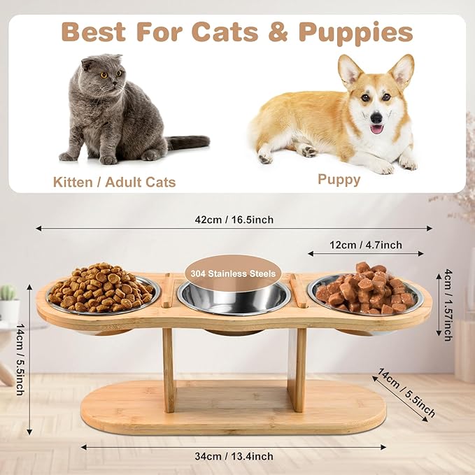 Elevated Cat Bowls - 3 Stainless Steel Cat Bowls with 15° Tilted Bamboo Stand for Indoor Cats, Small Dogs and Puppy
