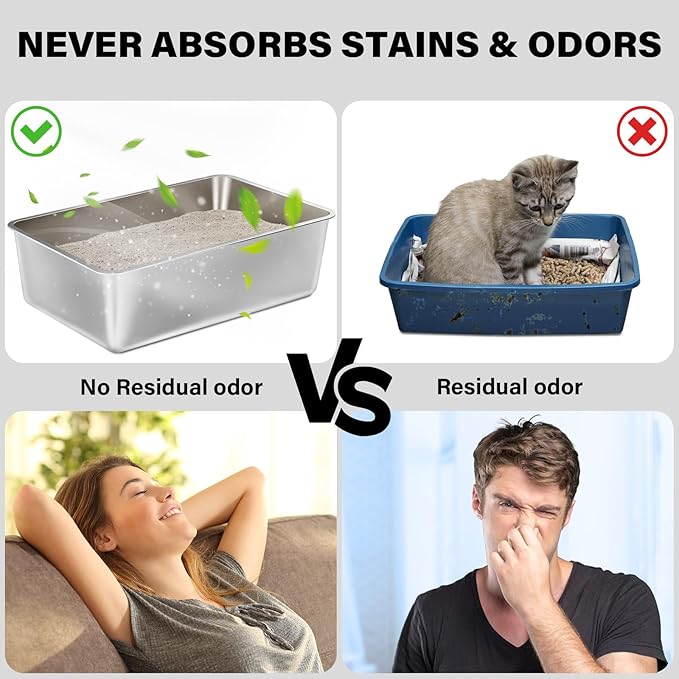 Stainless Steel Litter Box, 23.6x15.8x8 Inch(Deep) Stainless Steel Cat Litterbox XXL with High Sides, Non Stick No Smell Easy Clean Jumbo Metal Litter Boxes for Big/Fat Kitty