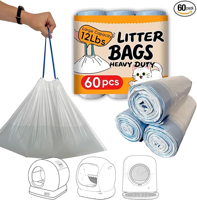 Cat Litter Box Liners Bag Fit For MW-SC01/MW-SC02/MW-LR01 Automatic Self Cleaning Cat Litter Box, Waste Bags, 18" x 12.6"Heavy Duty Replacement Trash Bags with Drawstring (White, 60 Counts)