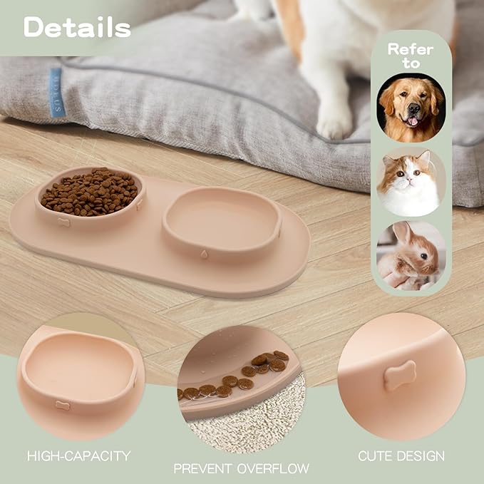 Dog Food Bowls Pet Bowls & Dog Water Bowls with No-Spill and Non-Skid, Feeder Bowls with Dog Bowl Mat for Small Medium Large Size Dogs Cats Puppy Pets, Dog Dishes (Khaki)