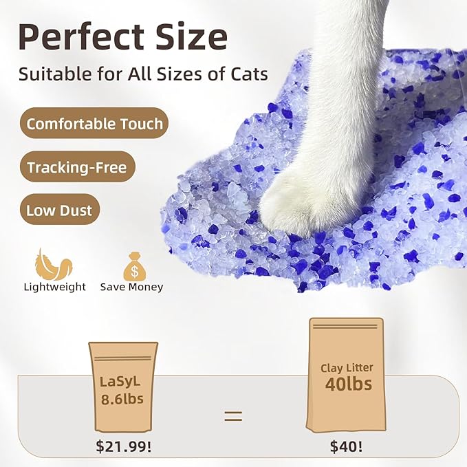 LaSyL Premium Crystal Cat Litter - 8.6 lb, Two Months Lasting - Superior Odor Control & Absorption, Non-Clumping, Low Tracking Silica Gel Safe for Pet, White & Blue (2 Bags of 4.3 lb)