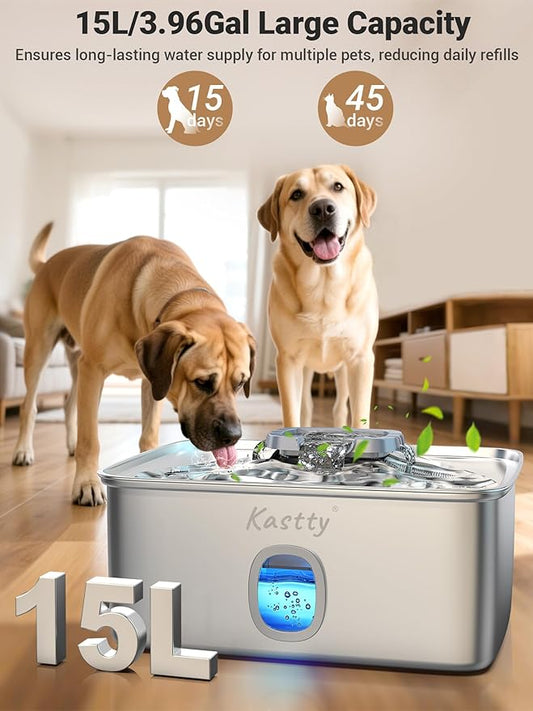Kastty 15L/3.96 Gal Stainless Steel Dog Water Bowl Dispenser, Large Capacity Dog Water Fountain Quiet LED Light Triple Filtration BPA-Free, Automatic Pet Water Fountain Easy Cleaning for Pet FS76