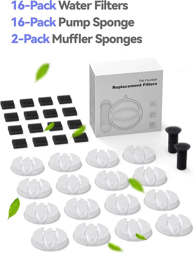 SIBAYS Cat Water Fountain Filters, Pet Water Fountain Filter Replacement for 3.5L/118oz Pet Fountain, Made of Activated Carbon and PP Cotton, 16 Filters, 16 Pump Sponges, 2 Muffler Sponges(Model: L04)