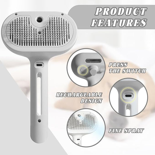 Cat Steam Brush, 3 in 1 Cat Brush for Shedding & Grooming, Water Brush for Cats Dogs, Pet Hair Removal Comb for Long Short Haired Small Animal, Self Cleaning Slicker Brush with Release Button