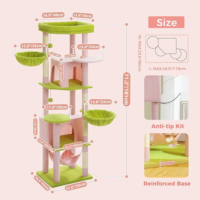 PAWZ Road Tall Cat Tower, 70 Inch Cat Tree with Hammock, 5 Scratching Posts, 2 Condos and a Large Top Perches for Large Cats-Pink